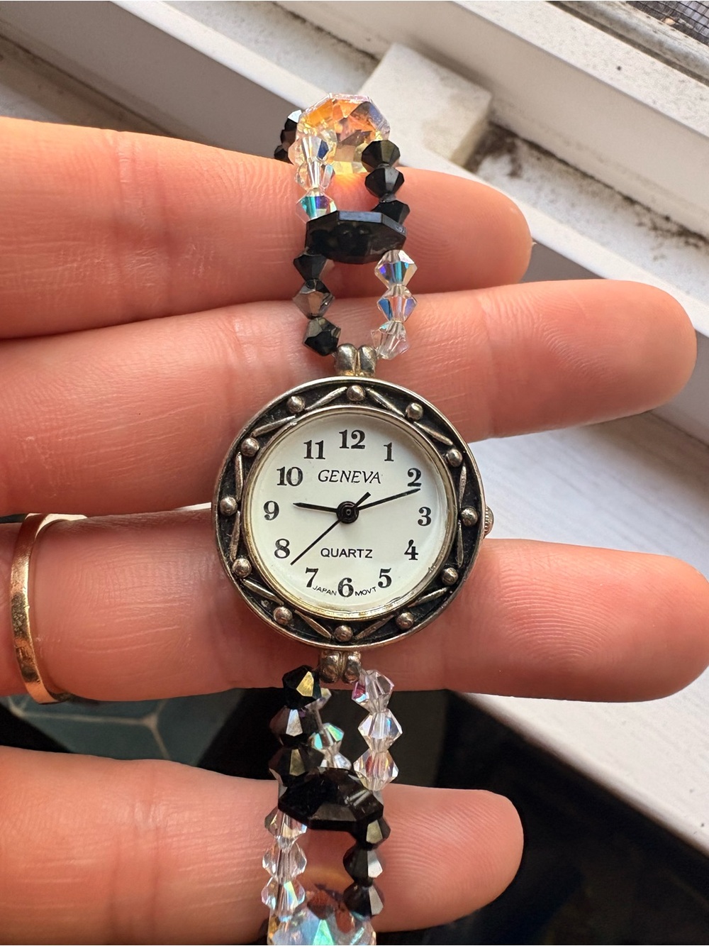 Geneva Black and Clear Crystal Beaded Bracelet Watch